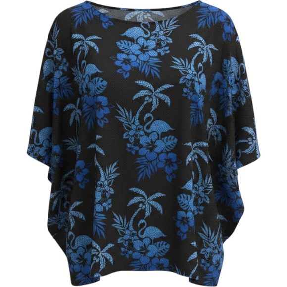 Quacker Factory Tops - Quacker Factory Blue Flamingo Tropical Palm Tree Poncho Top Black L coastal boho